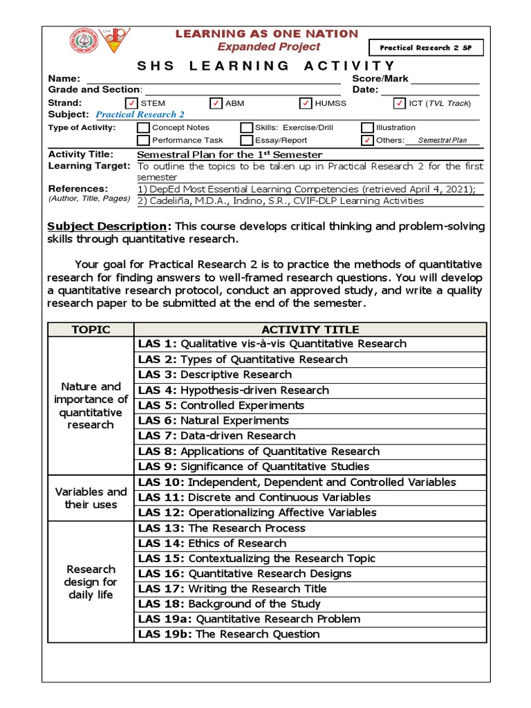 Prac Res 2 LAS 0 Semestral Plan | PDF | Quantitative Research ...