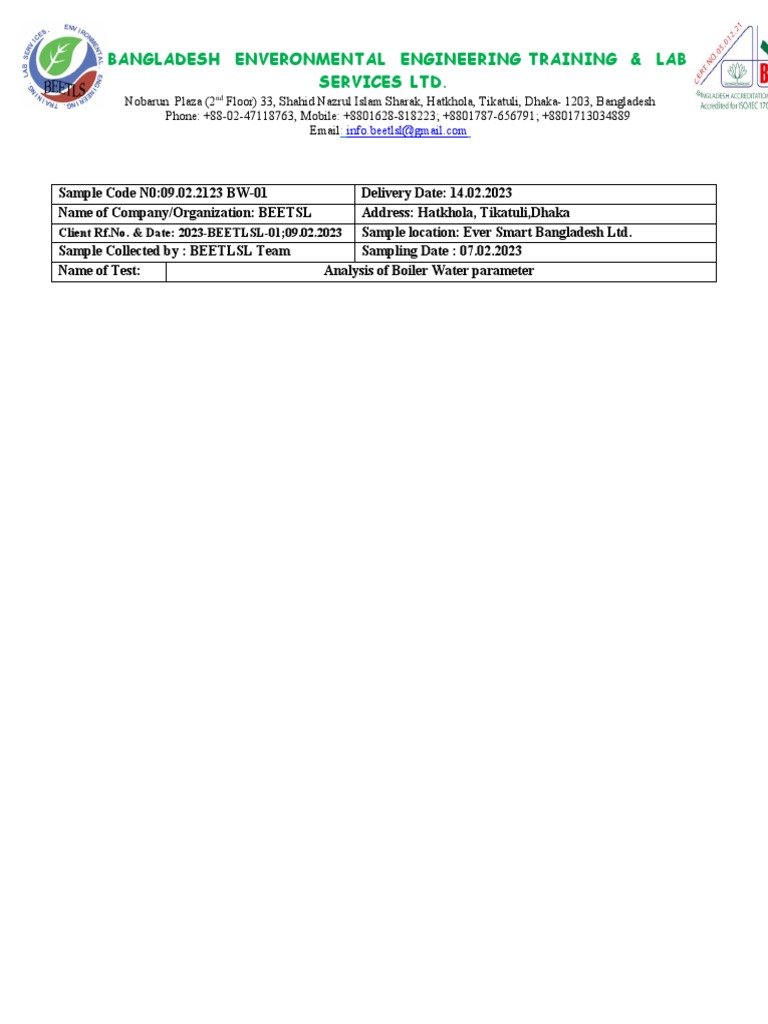 Boiler Water Analysis Report for BEETSL | PDF