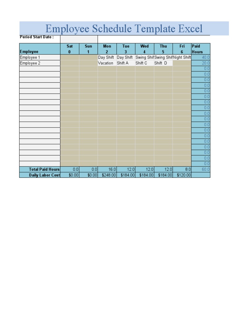 Employee Schedule Template Excel: Sat Sun Mon Tue Wed Thu Fri Paid ...