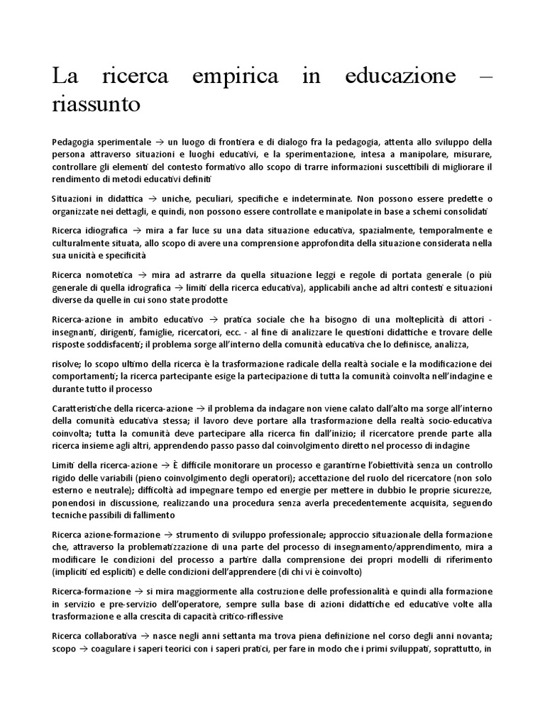Riassunto La Ricerca Empirica in Educazione | PDF