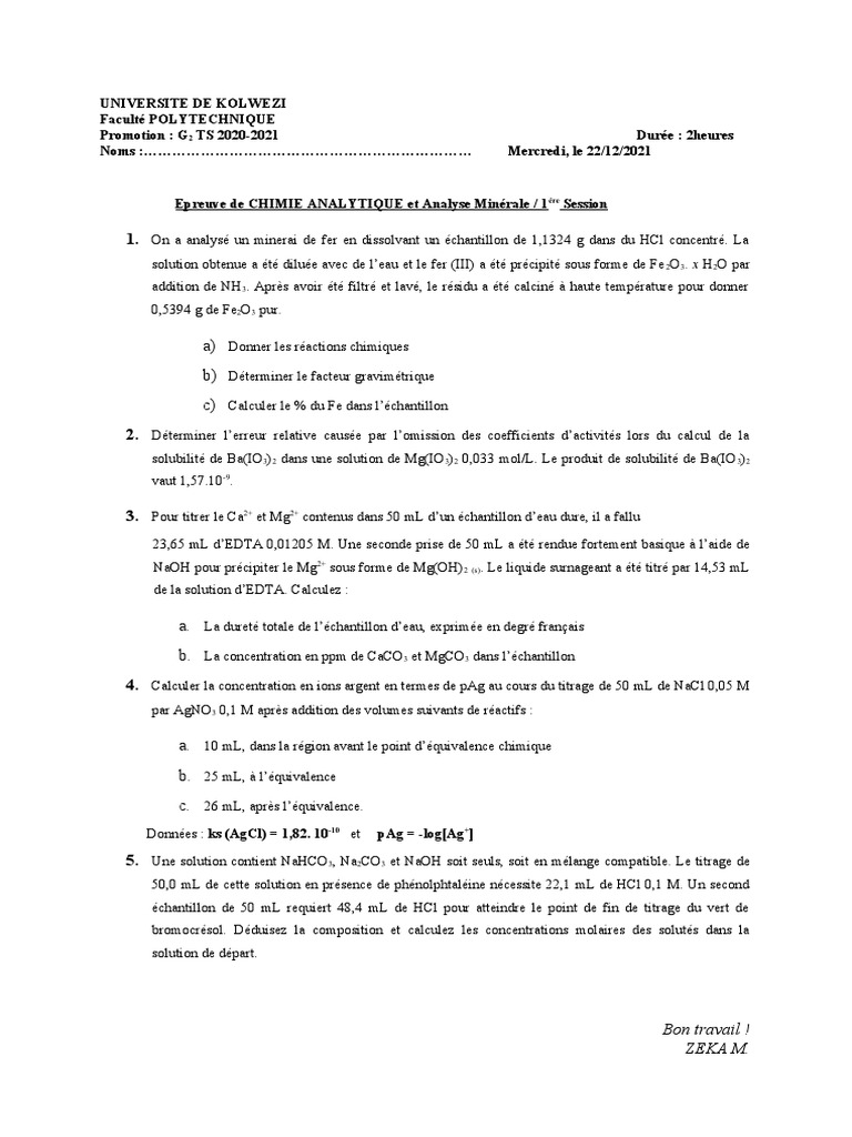 Épreuve de Chimie Analytique G2 TS 2021 | PDF | Titrage | Chimie