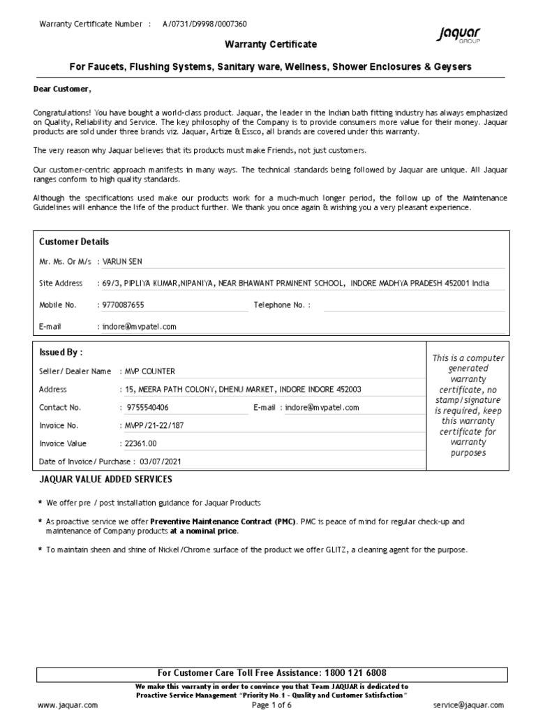 Jaquar Warranty PDF Water Tap (Valve)