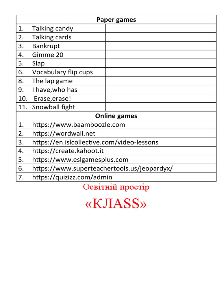 List of Games PDF