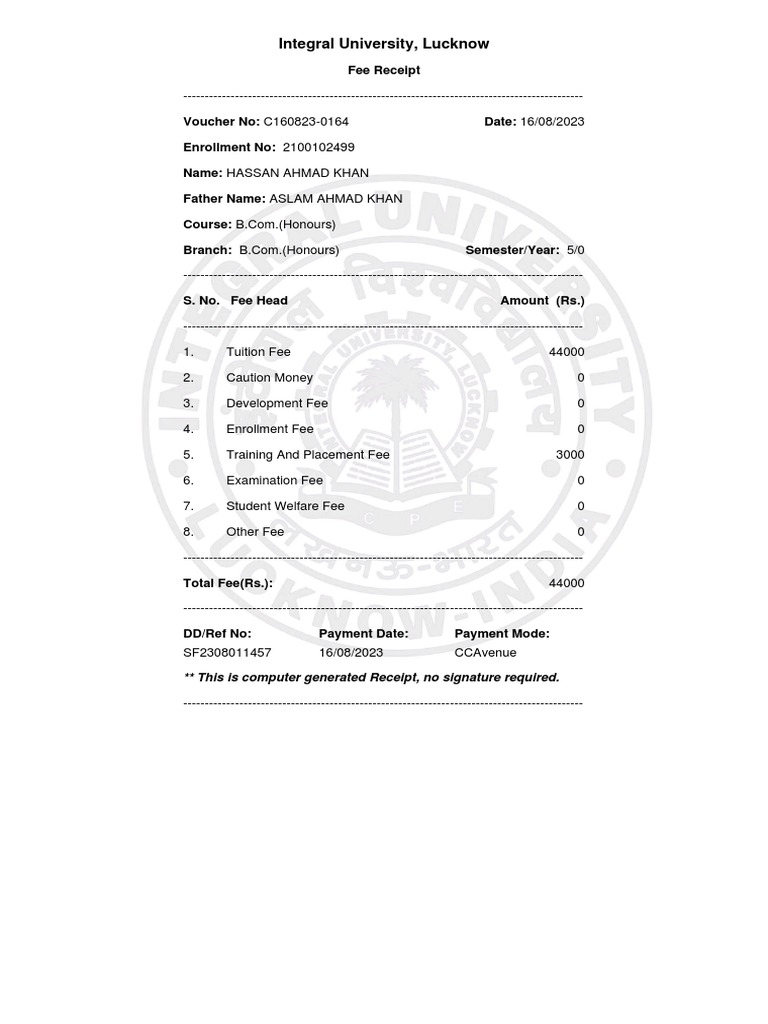 Integral University Fee Receipt Details | PDF