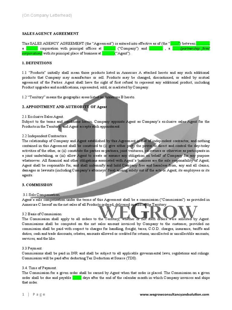 Sales Agency Agreement Template PDF Indemnity Economies
