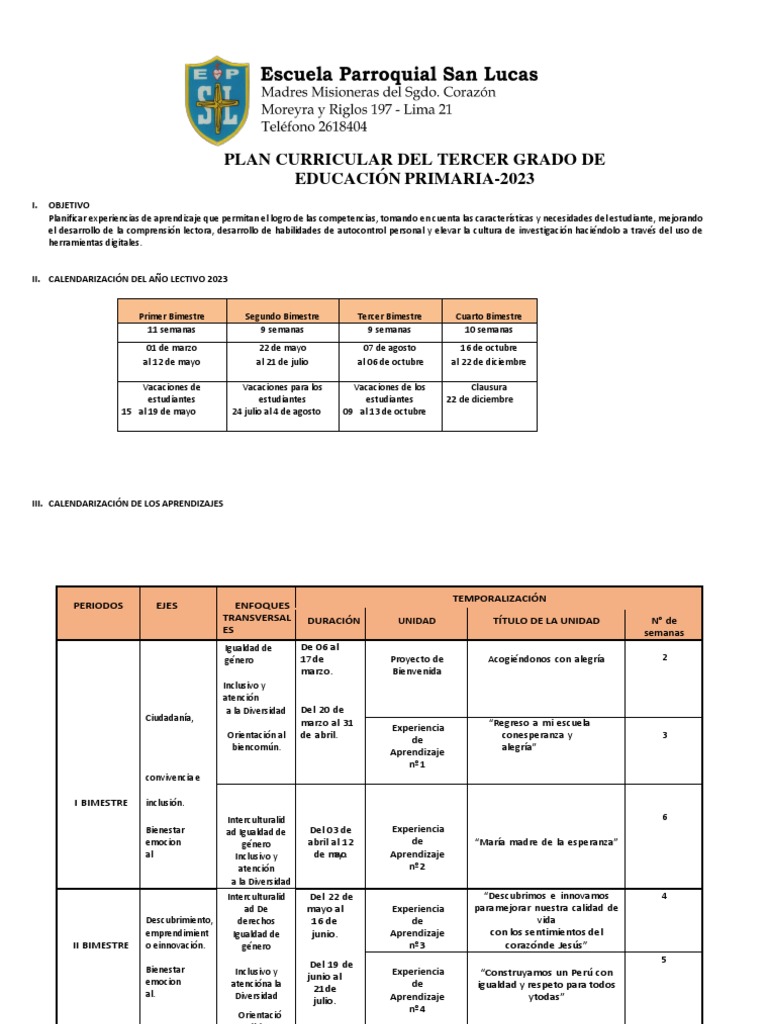 Plan Curricular Del Tercer Grado de Primaria - 2023.pdf EJEMPLO INT ...