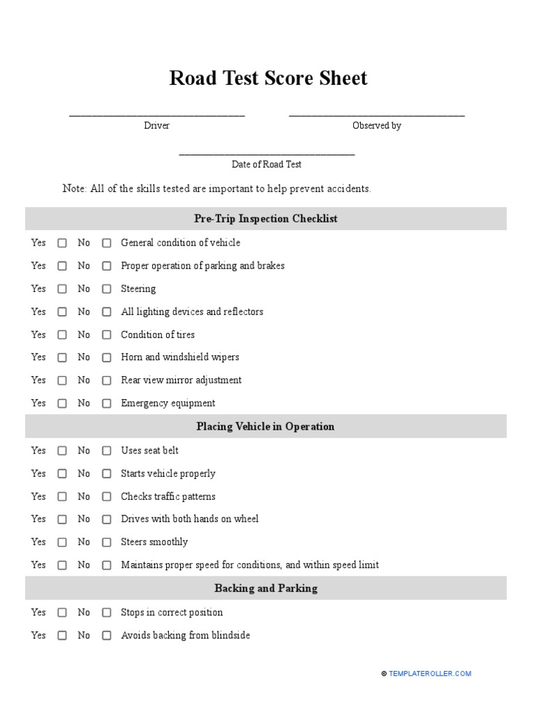 Road Test Score Sheet Template | PDF | Traffic | Van