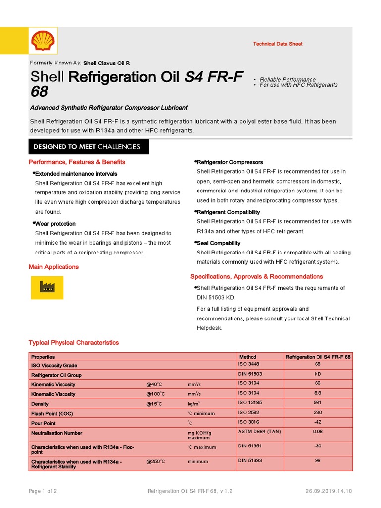 Shell Refrigeration Oil s4 FR-F 68 TDS | Download Free PDF ...