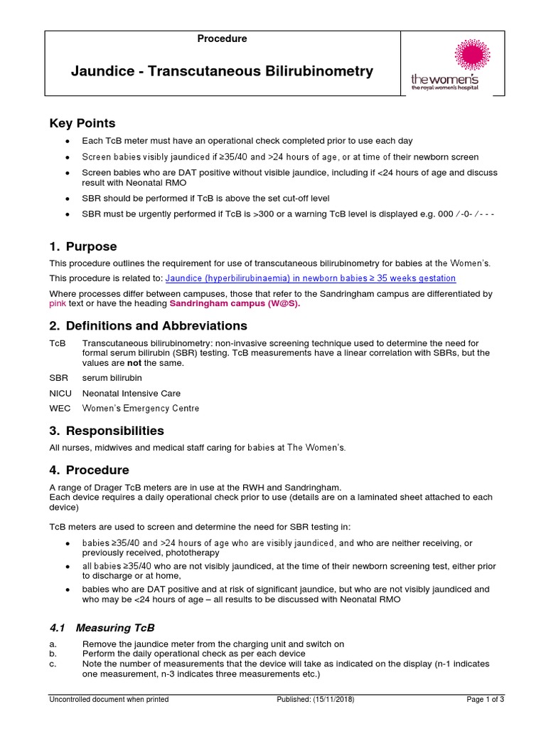 TcB Procedure for Newborn Jaundice Screening | PDF | Neonatal Intensive ...