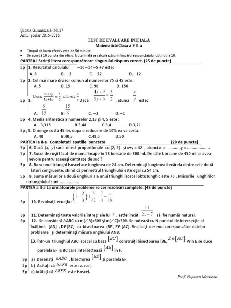 Mate - Info.Ro.3499 Test Initial Mate Cls - VII. Marilena Popescu | PDF