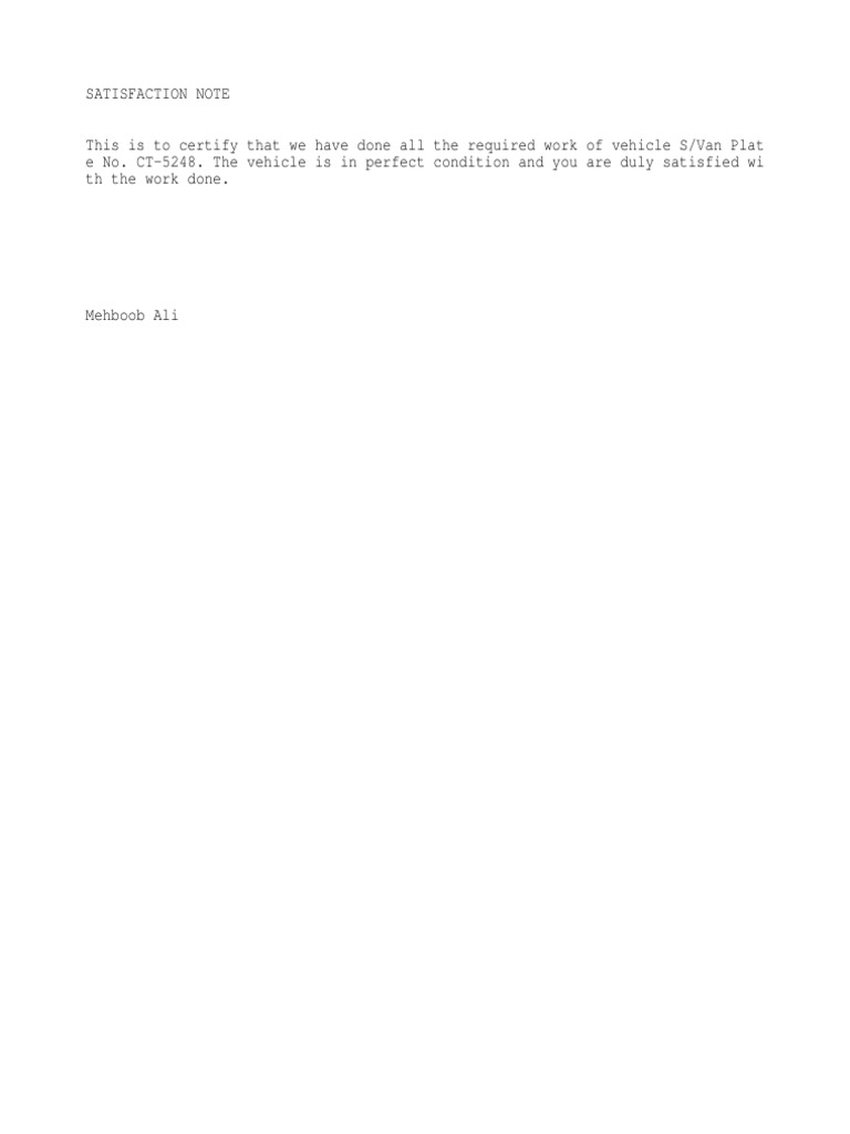 Vehicle Repair Satisfaction Note | PDF