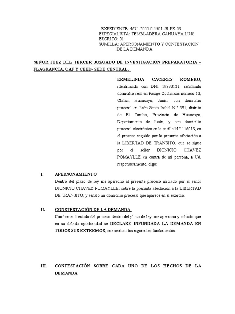 Contestación a Demanda de Libertad de Tránsito | PDF | Habeas corpus ...