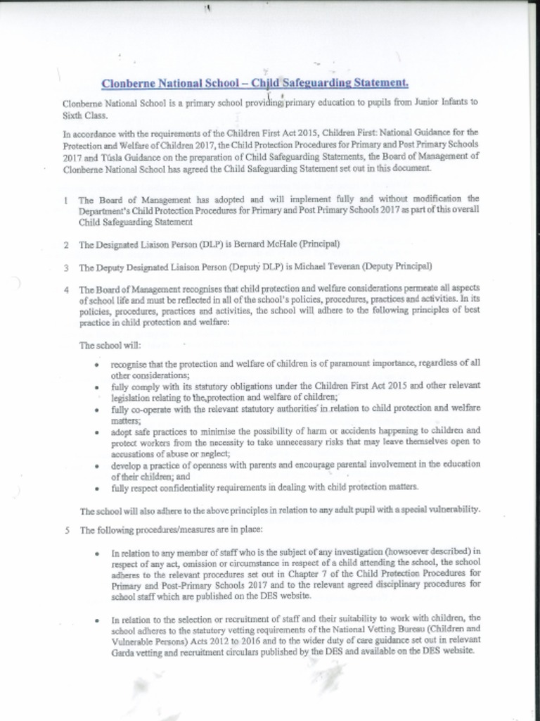 Clonberne Ns Child Safeguarding Statement 2023 | PDF