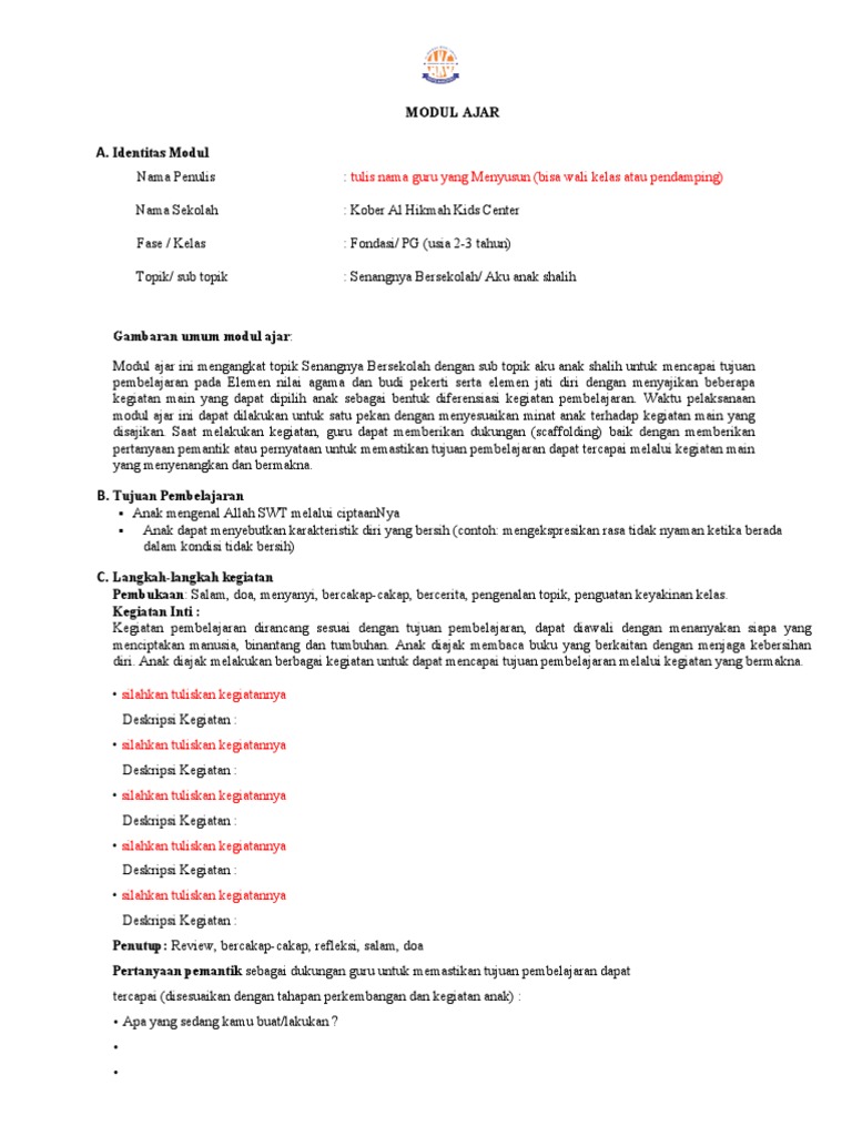 Modul Ajar Anak Usia Dini | PDF | Karier & Perkembangan | Kesehatan ...