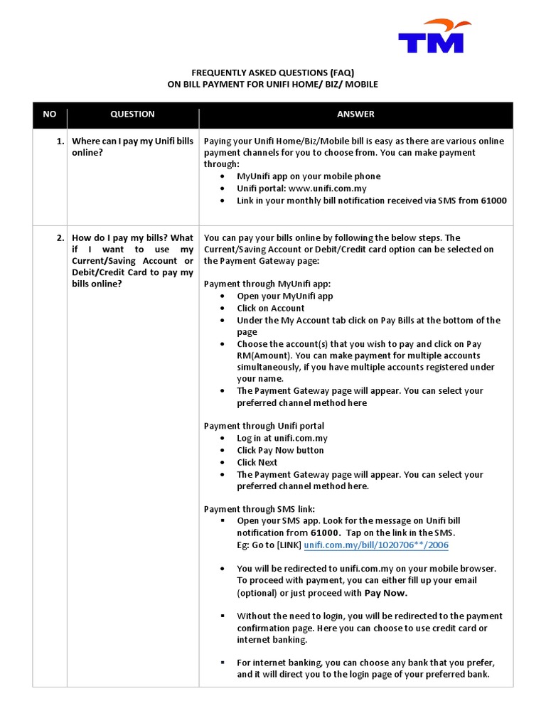 Unifi Bill Payment Methods FAQ | PDF | Payments | Debit Card
