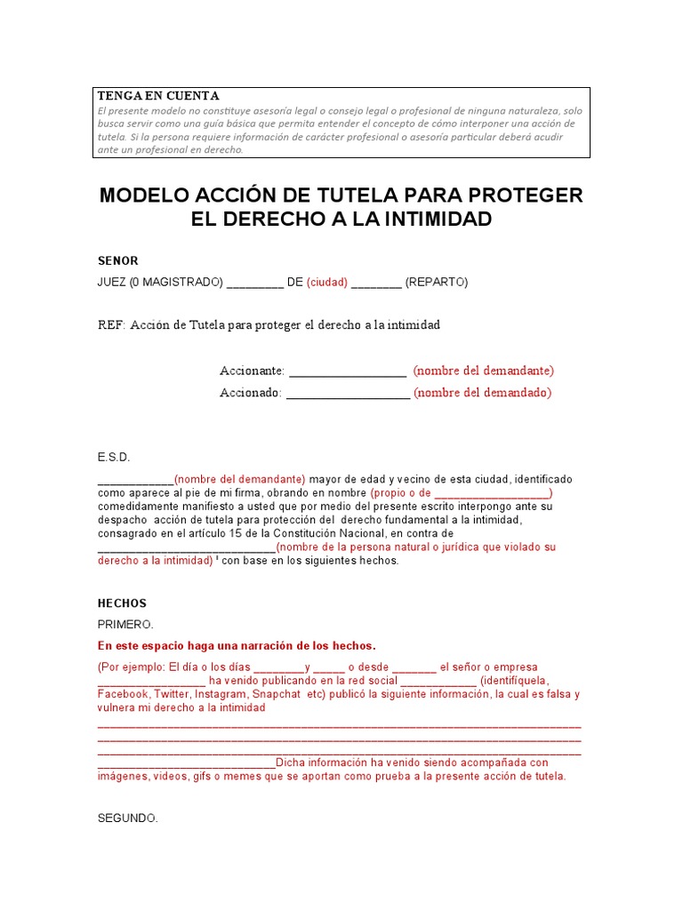 Modelo de Acción de Tutela Intimidad | PDF | Derecho Constitucional | Juez