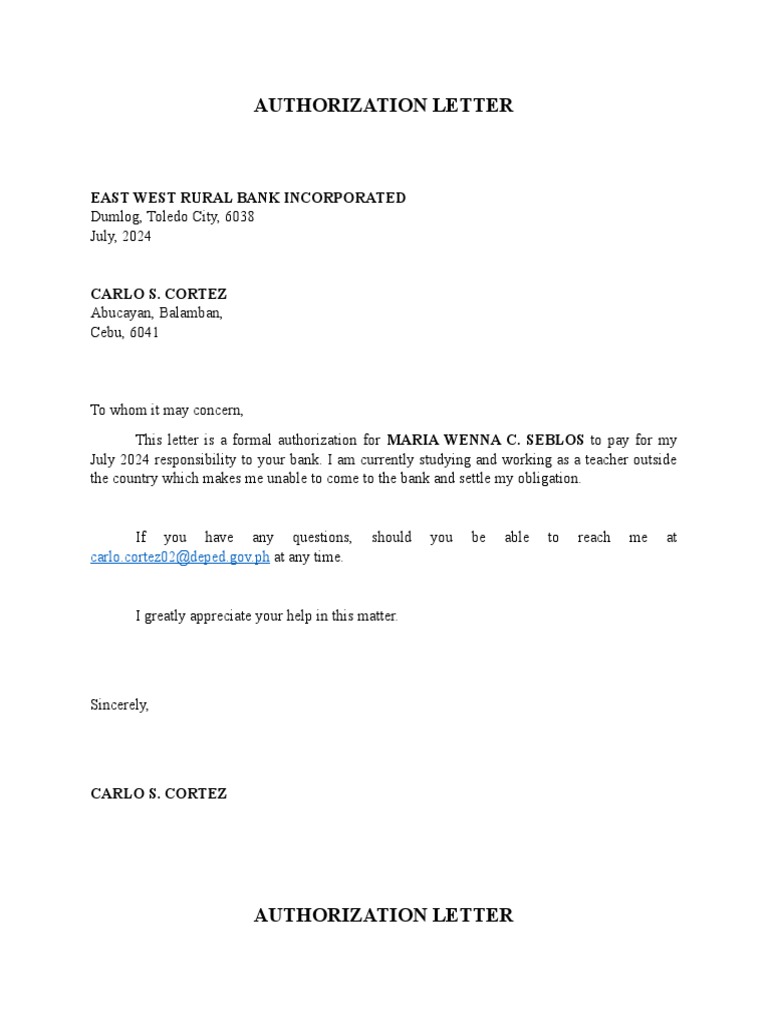 Authorization Letter for Bank Payment | PDF | Social Science