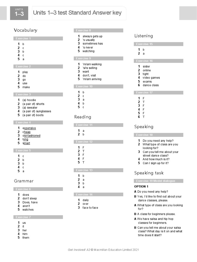 A2 Units 1-3 Test Answer Key | PDF