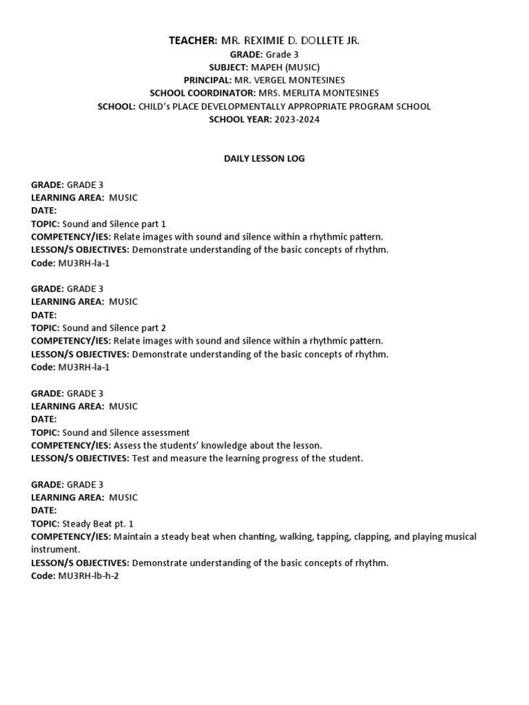 Grade 3 & 4 Music Lesson Plans | PDF | Rhythm | Classical Period (Music)