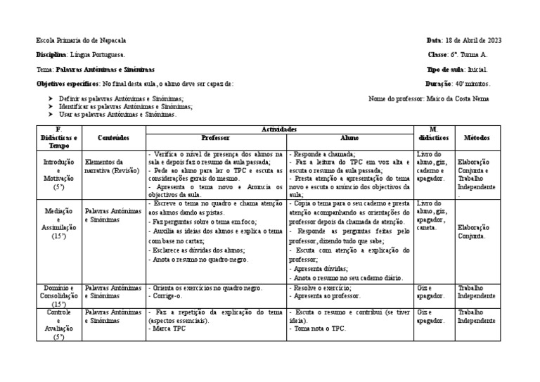 Plano de aula de Lingua Portuguesa | PDF
