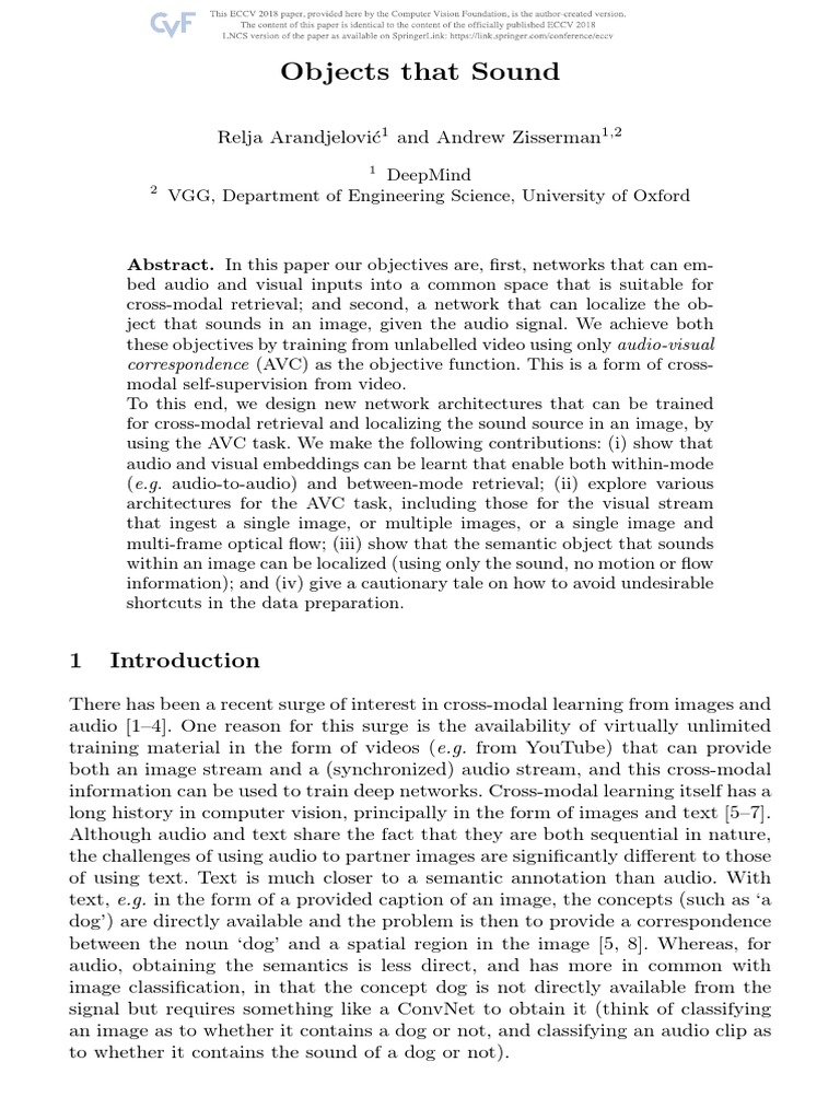 Relja Arandjelovic Objects That Sound ECCV 2018 Paper PDF