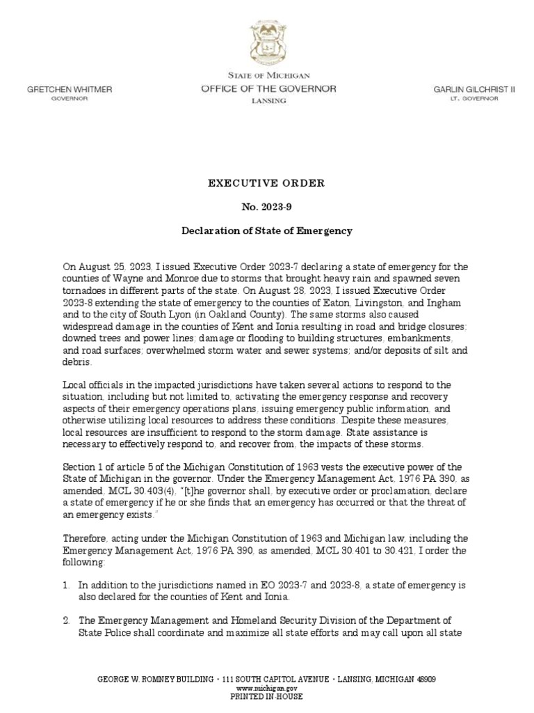 Michigan Gov. Gretchen Whitmer Declaration of State of Emergency | PDF