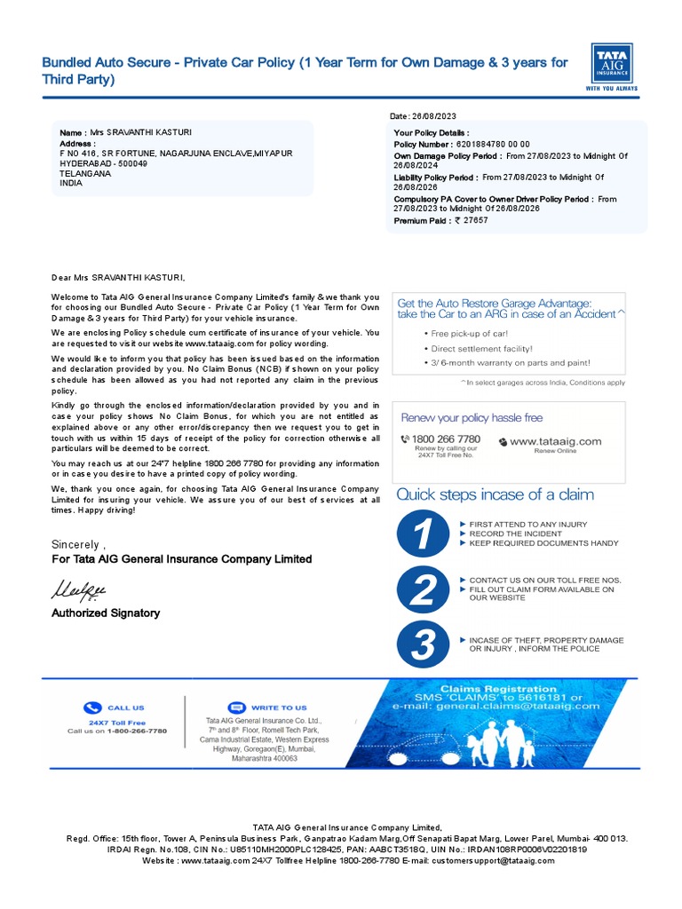 Tata AIG Motor Policy Schedule 3184 6201884780 00 PDF Insurance