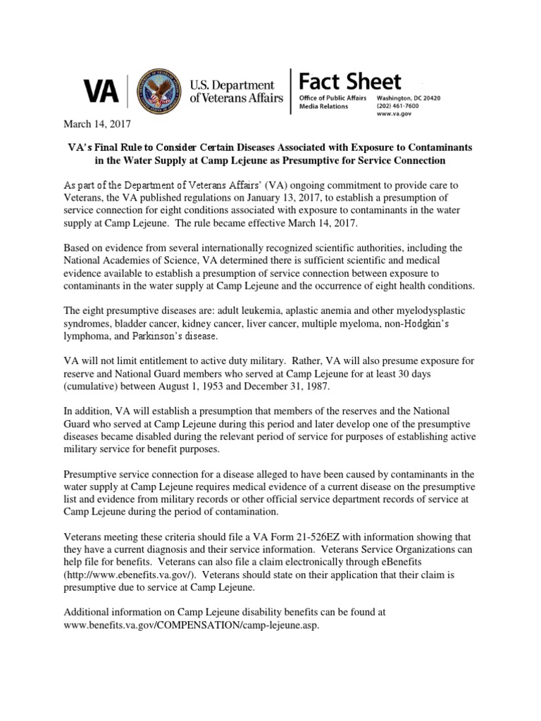 VA Camp Lejeune Presumptive Care Fact Sheet PDF United States