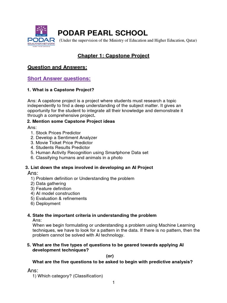 Podar pearl school chapter 1 capstone project question and answers