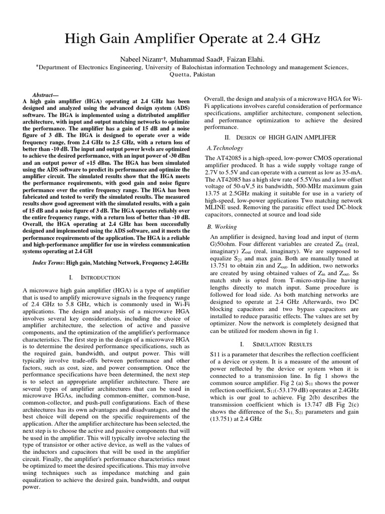 High Gain Amplifier Design at 2.4 GHz | PDF | Amplifier | Microwave