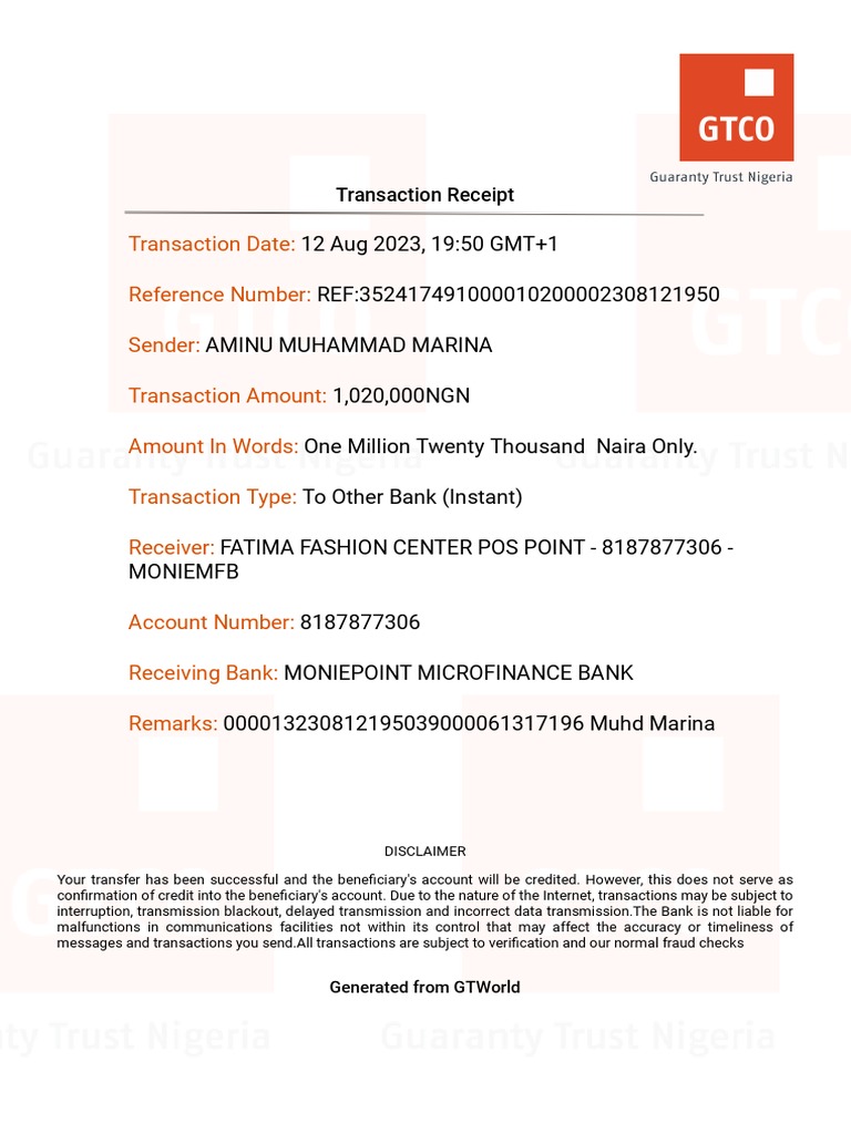 Transaction Receipt for Bank Transfer | PDF | Finance & Money ...