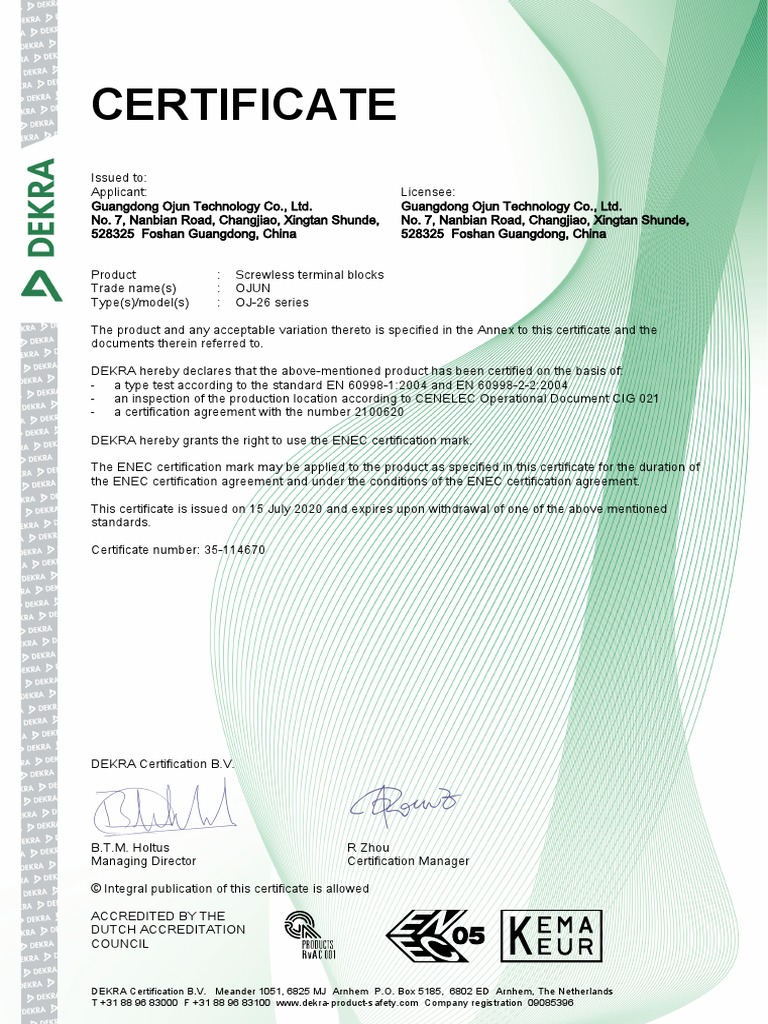 ENEC Certificate for OJUN Terminal Blocks | PDF | Electrical Engineering