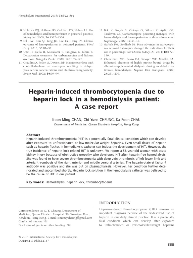 Chan K Heparin induced thrombocytopenia due to heparin lock in a hemodialysis patient a case