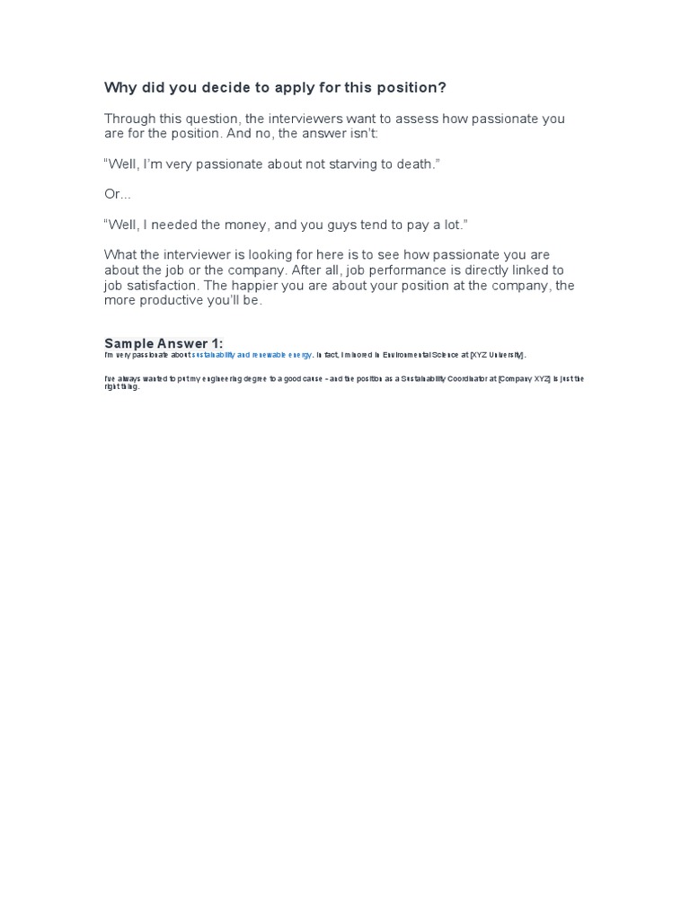 Why Did You Decide To Apply For This Position Sample Pdf