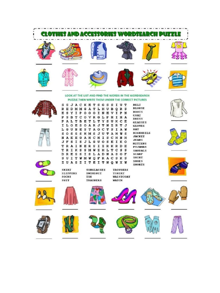Wordsearch Clothes and Accessories PDF