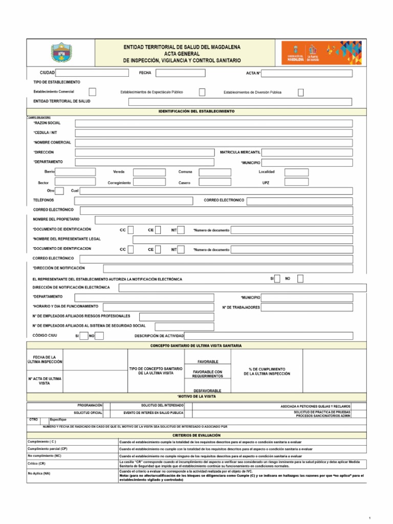 Fomato PUBLICO Entidad Territorial de Salud Acta General de Inspección ...