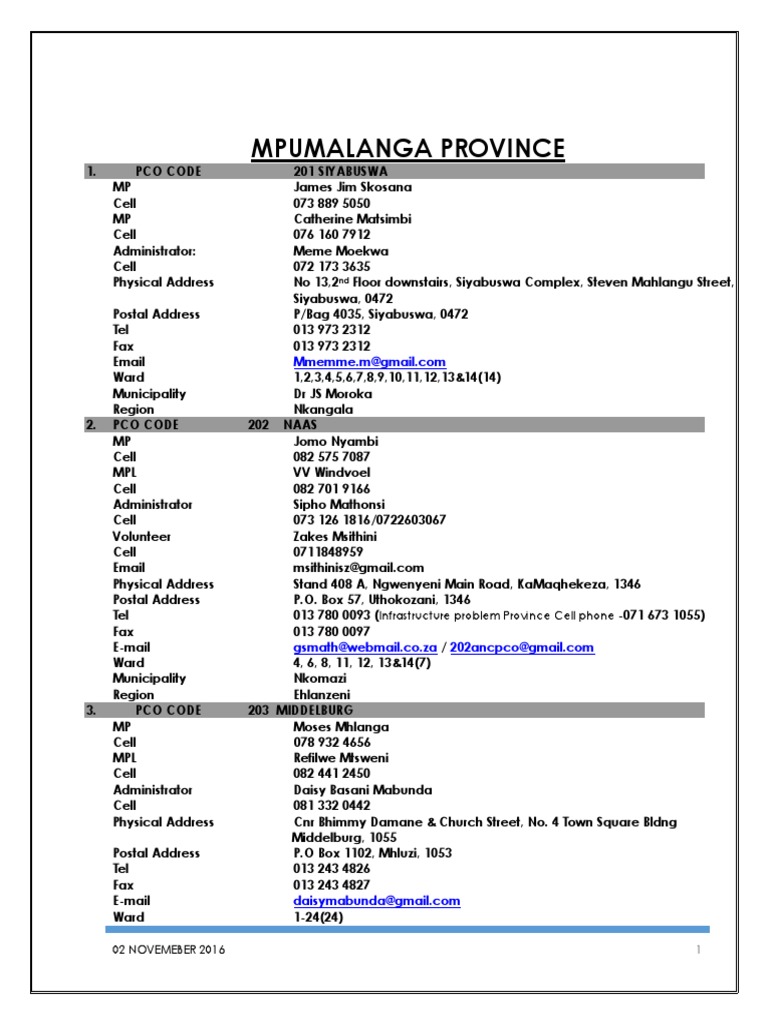 Mpumalanga Postal Codes and Contacts | PDF | South Africa | Written ...