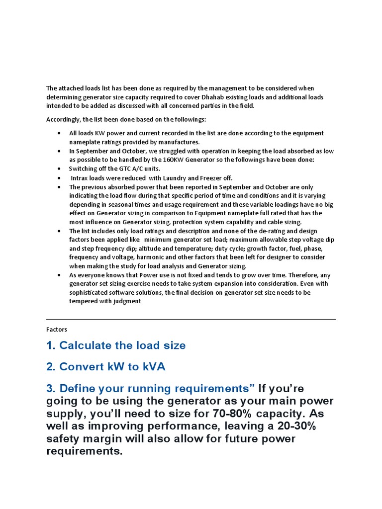 Generator Sizing and Load Analysis Guide | PDF | Rectifier | Electrical ...