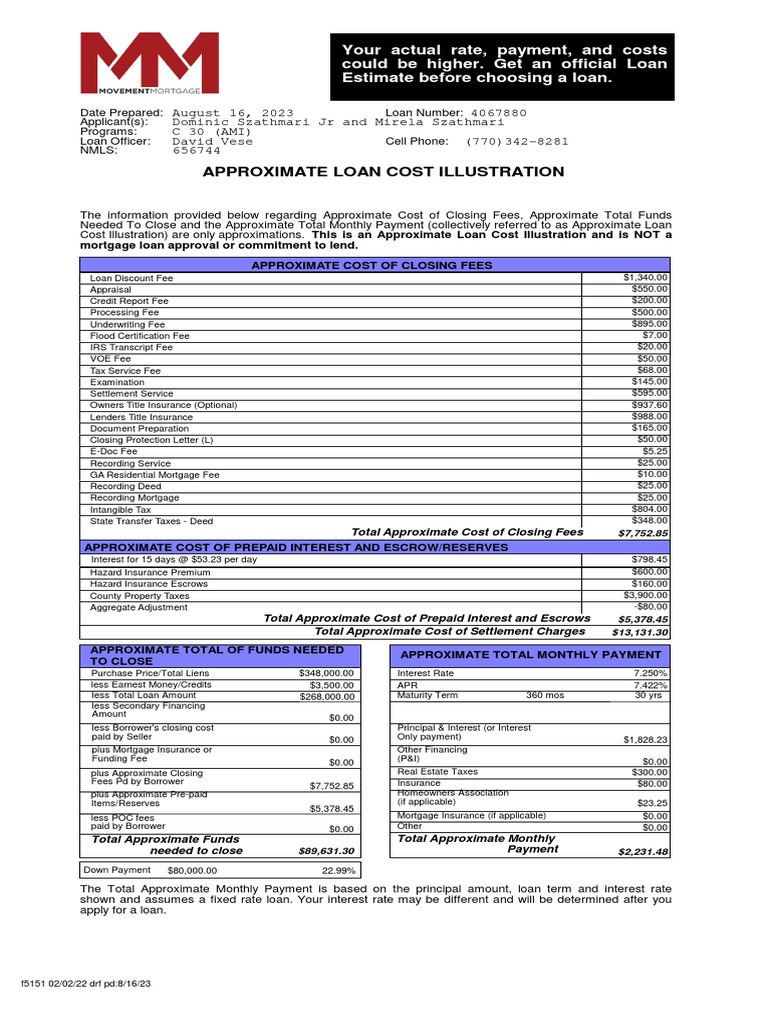 Approximate Loan Cost Illustration PDF Loans Mortgage Loan