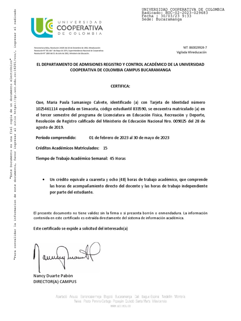 Certificado de Matrícula UCC Bucaramanga | PDF