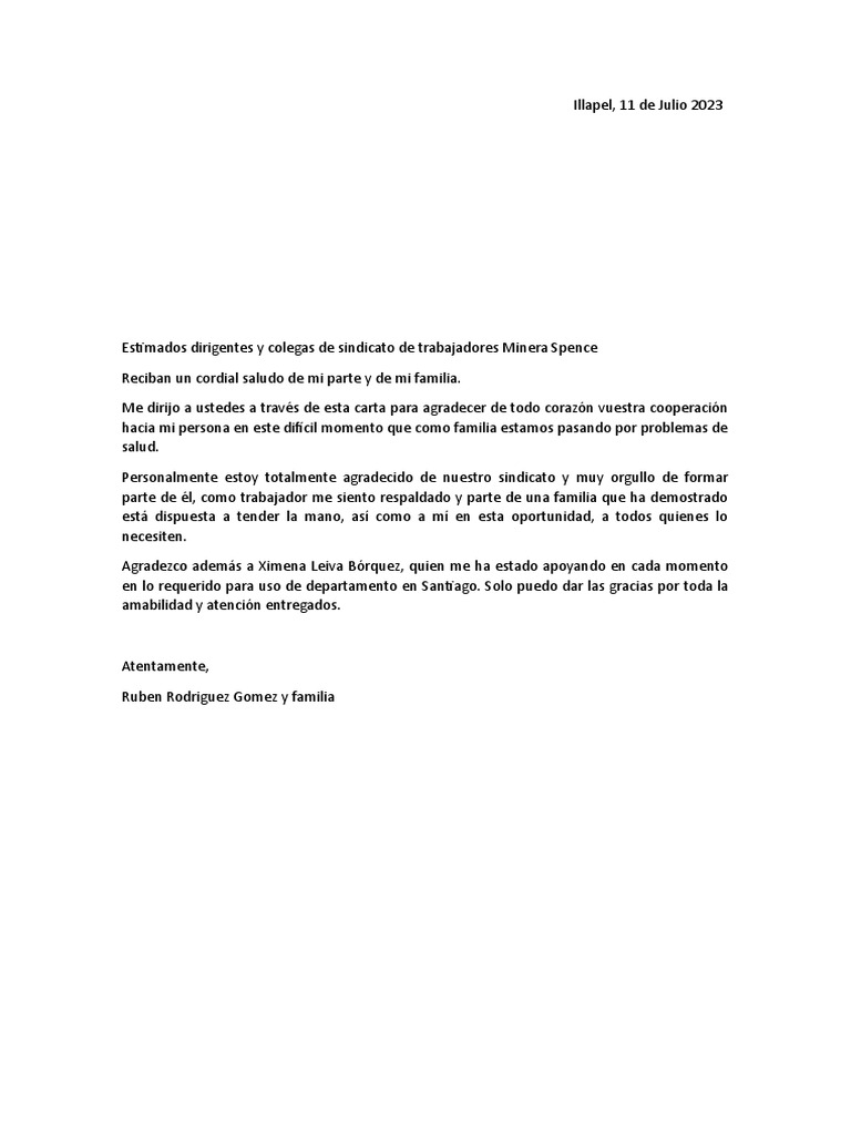 Agradecimiento del Sindicato Minera Spence | PDF | Salud y bienestar ...