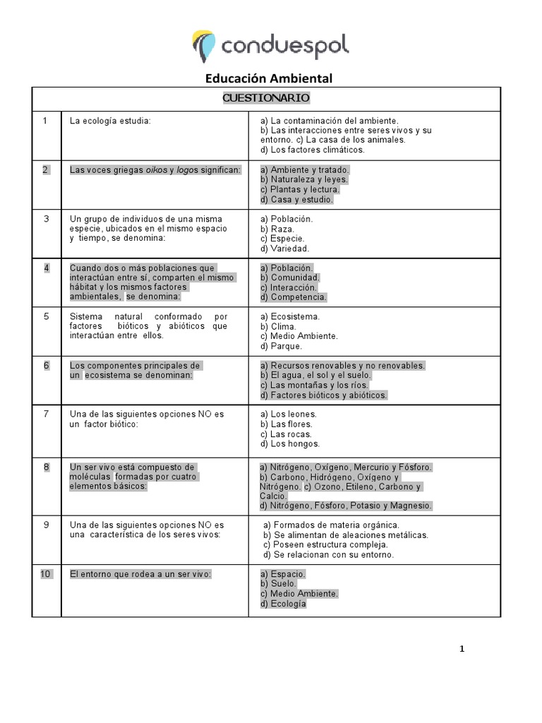 Cuestionario de Educación Ambiental | PDF | Contaminación | Entorno natural