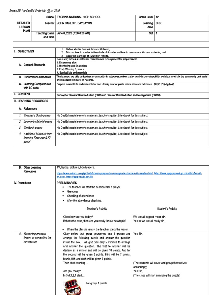 Grade 12 Disaster Preparedness Lesson Plan | PDF | Disaster Risk ...