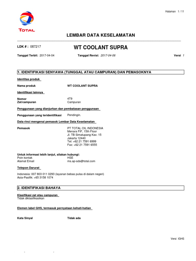 Lembar Data Keselamatan WT Coolant Supra | PDF