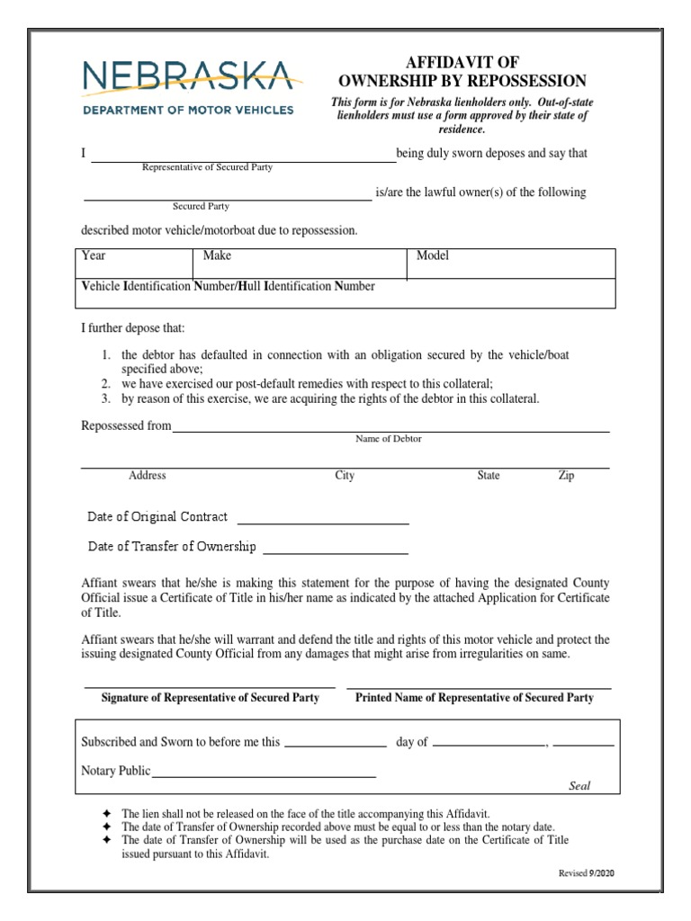 Affidavit of Ownership by Repossession | Download Free PDF ...
