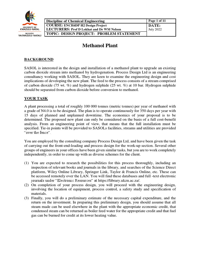 Methanol Plant Design Project Overview | PDF | Memorandum | Heat Exchanger