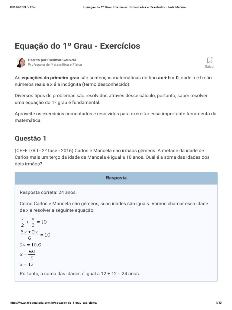 Exercícios Resolvidos de Equação 1º Grau | PDF | Equações | Diploma ...