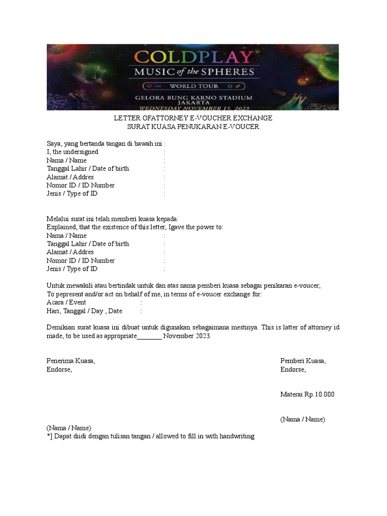 Surat Kuasa Tiket COLDPLAY | PDF