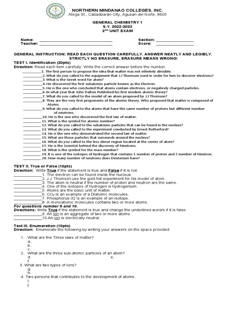 General Chemistry 2nd Unit Examination PDF Atoms Atomic Nucleus