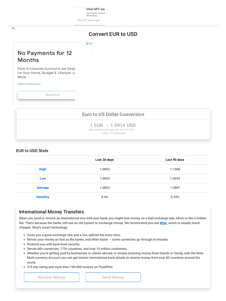 EUR To USD - Convert EUR To USD - Exchange Euro To US Dollar - Currency ...